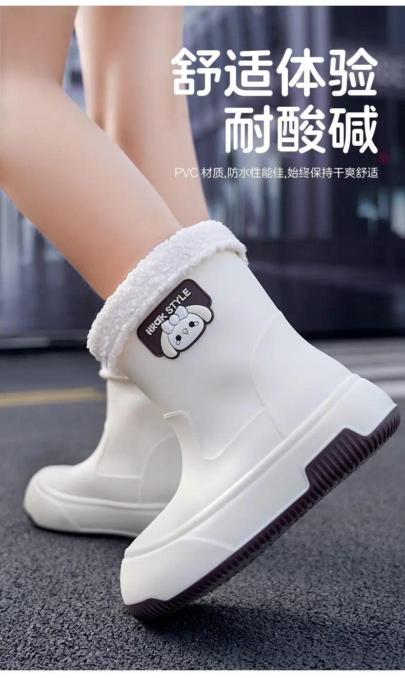 Japanese-type Rain Boots Women's Sweet Outer Wear Mid-tube Rain Boots Kitchen Work Wear-resistant Rubber Shoes fleece-lined Warm Non-slip Waterproof Shoes — feature 16