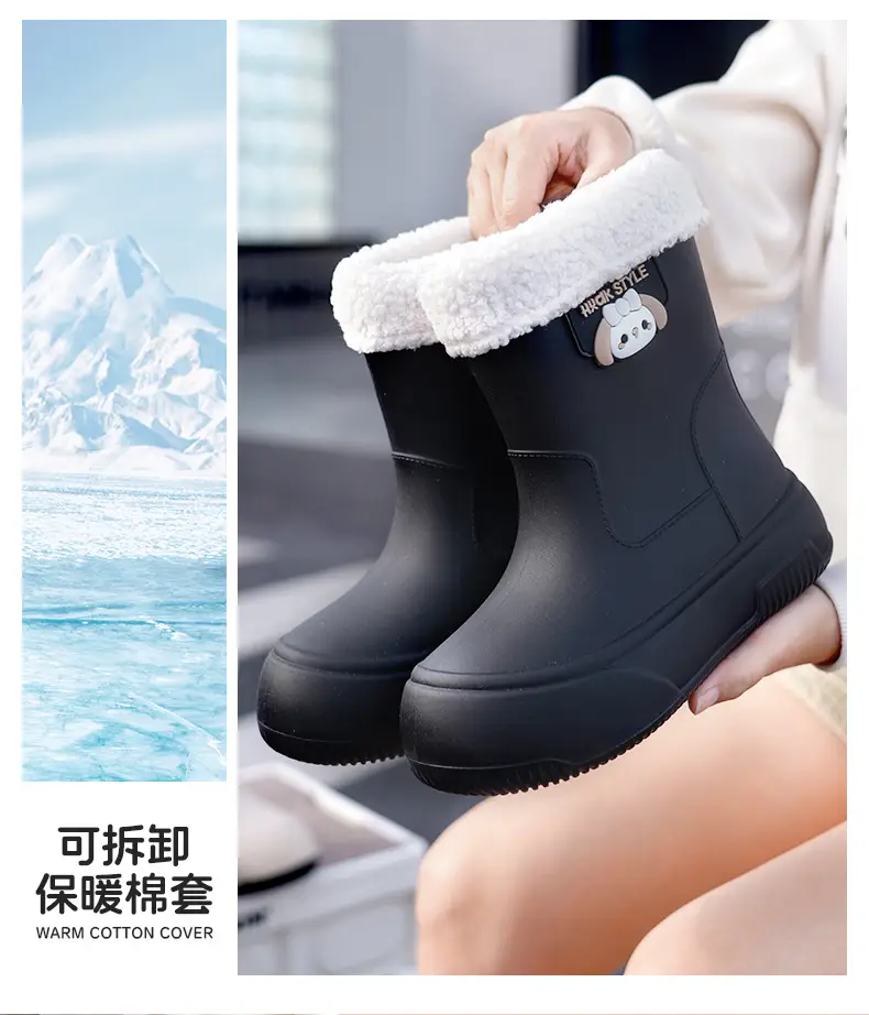 Japanese-type Rain Boots Women's Sweet Outer Wear Mid-tube Rain Boots Kitchen Work Wear-resistant Rubber Shoes fleece-lined Warm Non-slip Waterproof Shoes — feature 18