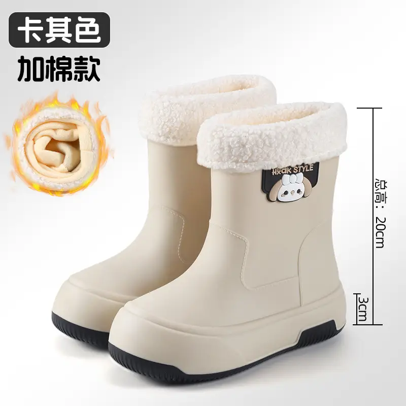Japanese-type Rain Boots Women's Sweet Outer Wear Mid-tube Rain Boots Kitchen Work Wear-resistant Rubber Shoes fleece-lined Warm Non-slip Waterproof Shoes - Image 6