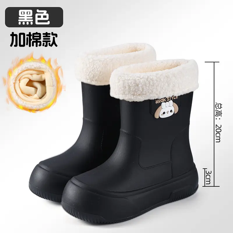 Japanese-type Rain Boots Women's Sweet Outer Wear Mid-tube Rain Boots Kitchen Work Wear-resistant Rubber Shoes fleece-lined Warm Non-slip Waterproof Shoes - Image 7