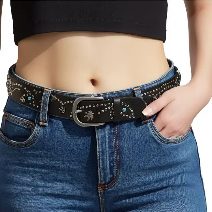 Women's Rivet Belted Jeans Shorts with Retro Design — feature 6