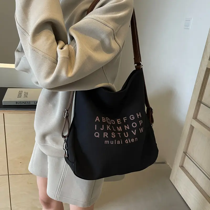 Women's Black Lettered Shoulder Bag with Large Zip Pocket - Image 6