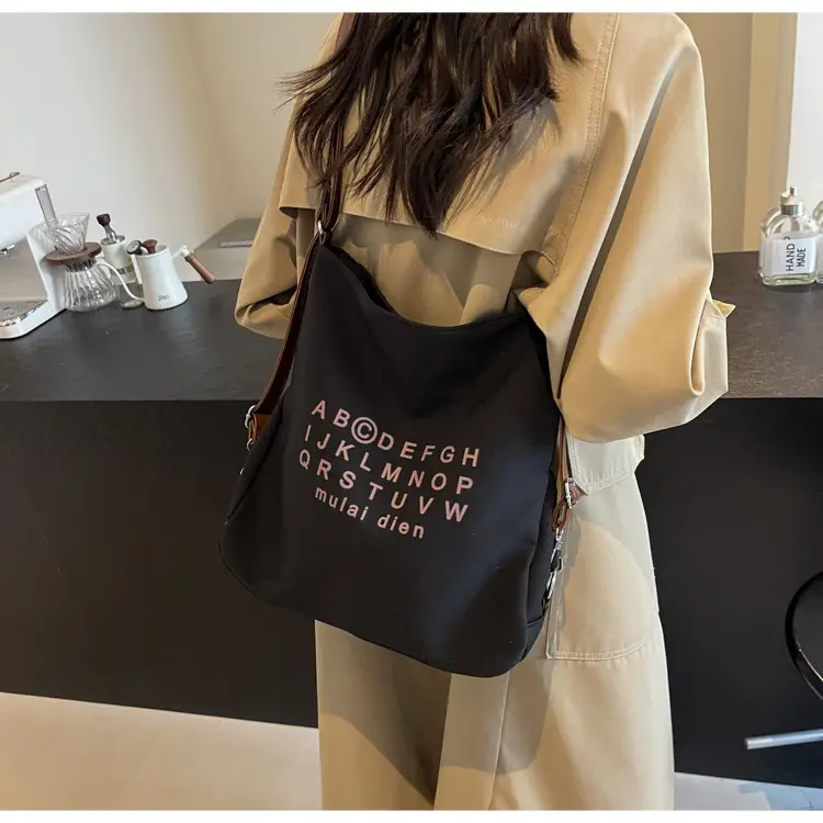 Women's Black Lettered Shoulder Bag with Large Zip Pocket — feature 11