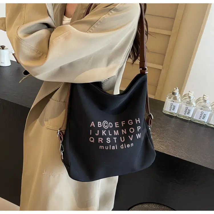 Women's Black Lettered Shoulder Bag with Large Zip Pocket — feature 12