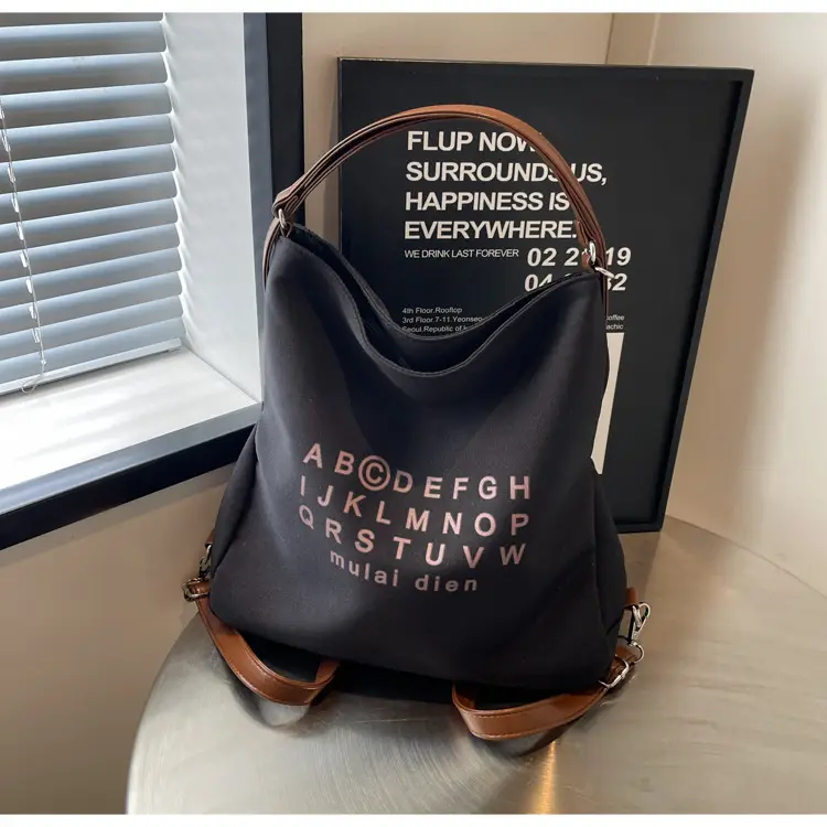 Women's Black Lettered Shoulder Bag with Large Zip Pocket — feature 13