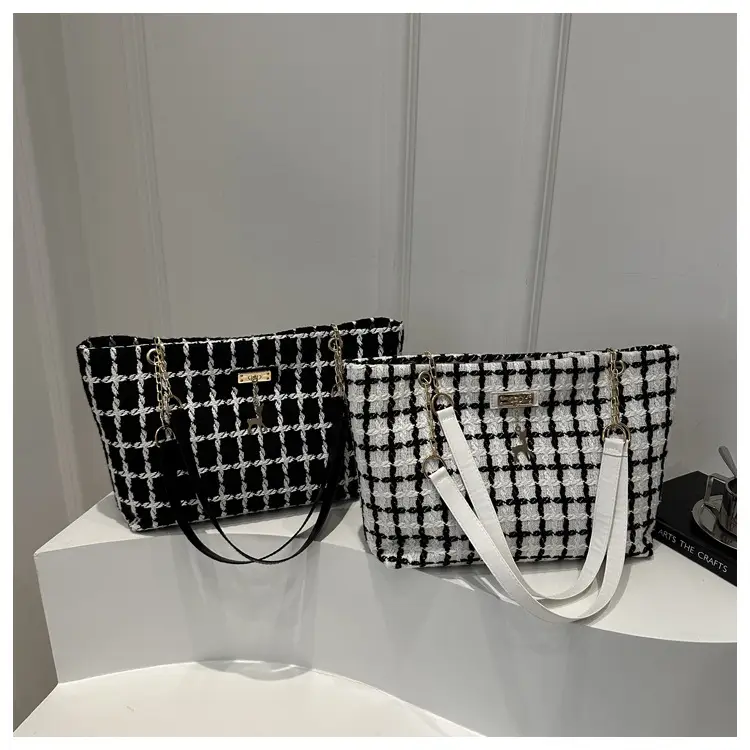 Korean Style Plaid Women's Shoulder Tote Bag Black White - Image 4