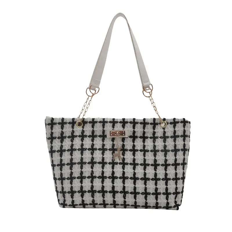 Korean Style Plaid Women's Shoulder Tote Bag Black White - Image 7