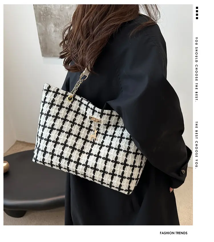 Korean Style Plaid Women's Shoulder Tote Bag Black White — feature 2