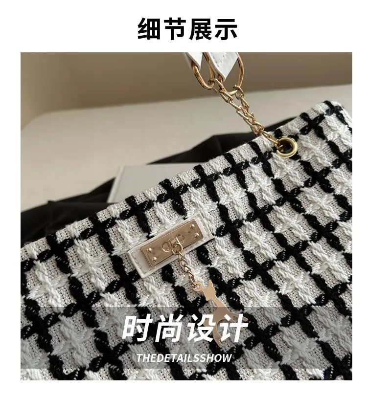 Korean Style Plaid Women's Shoulder Tote Bag Black White — feature 4