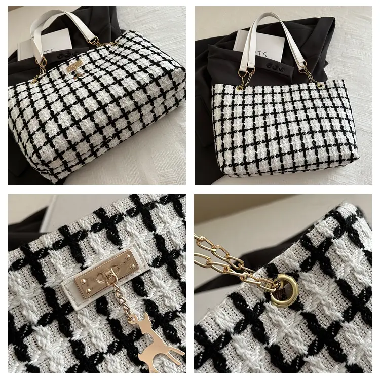 Korean Style Plaid Women's Shoulder Tote Bag Black White — feature 9