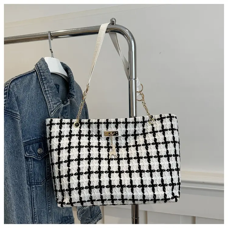 Korean Style Plaid Women's Shoulder Tote Bag Black White - Image 2