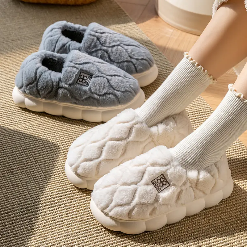 Women Winter Cotton Slippers White Warm Non-slip