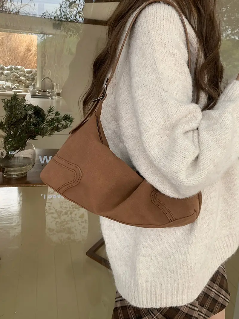Korean Style Suede Shoulder Crossbody Bag Brown - Image 3