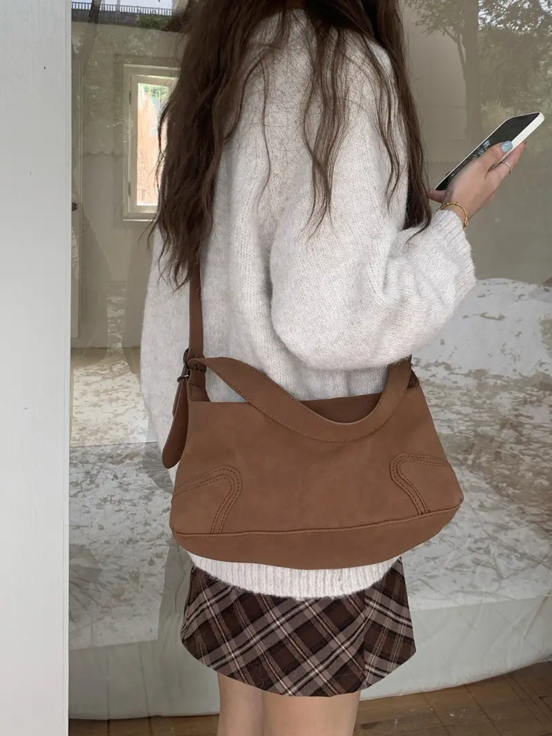Korean Style Suede Shoulder Crossbody Bag Brown - Image 4