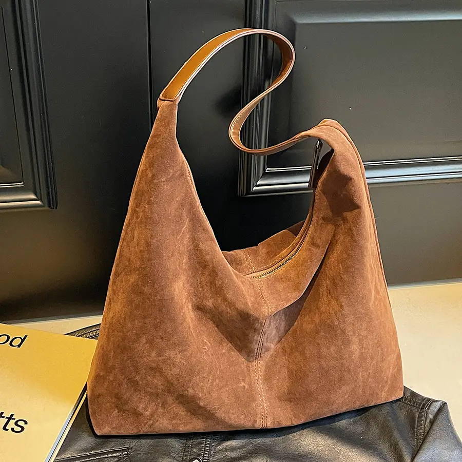 Women's Suede Shoulder Bag Brown Large Capacity - Image 4