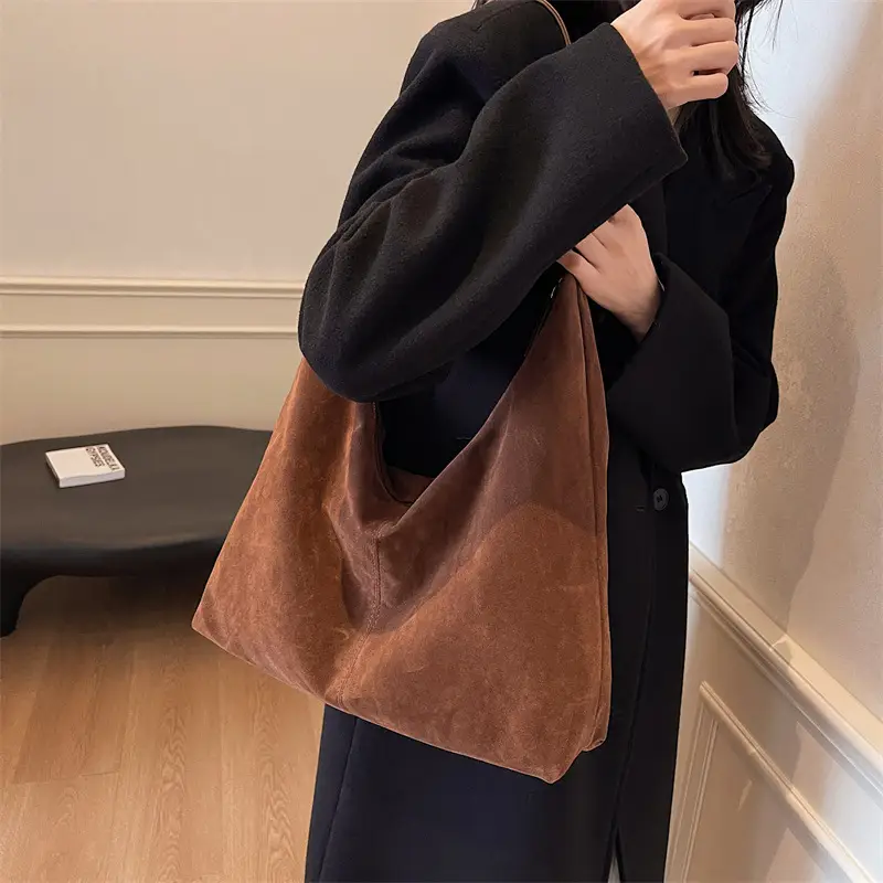 Women's Suede Shoulder Bag Brown Large Capacity - Image 7