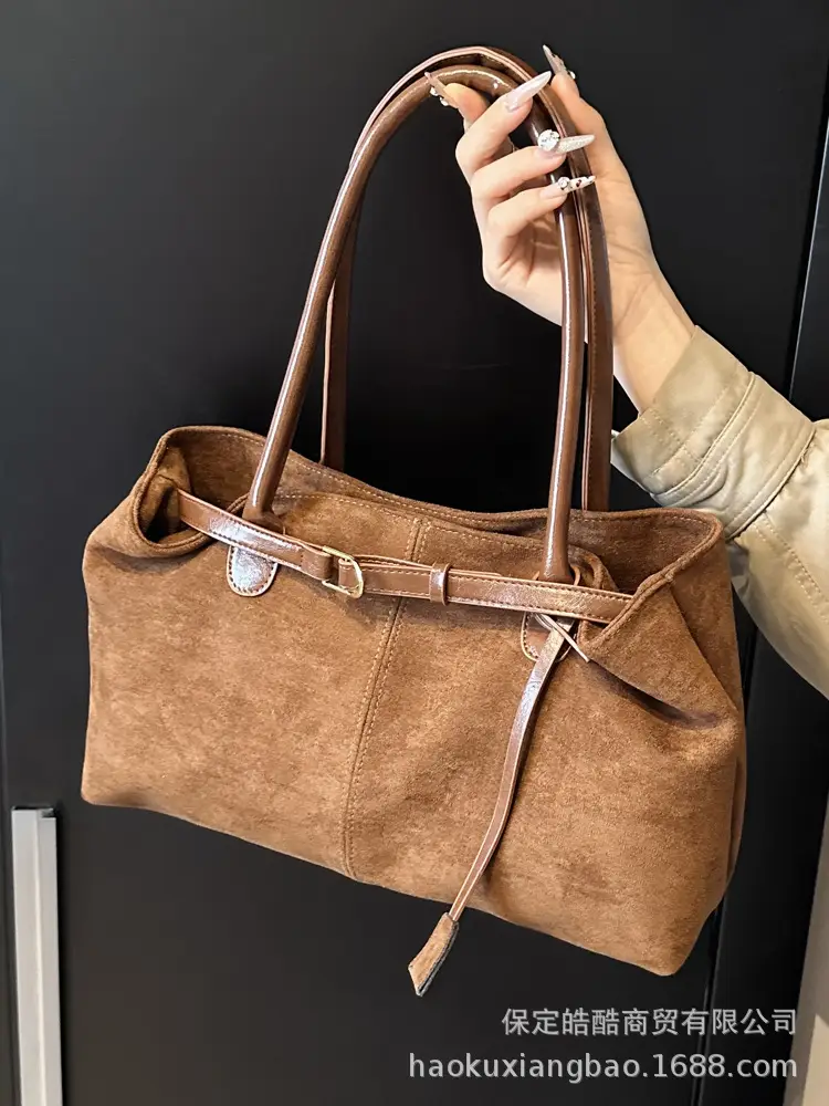 Women Suede Satchel Tote Bag Brown Large Capacity - Image 4