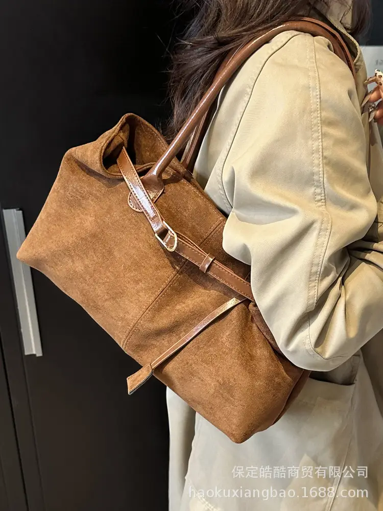 Women Suede Satchel Tote Bag Brown Large Capacity - Image 5