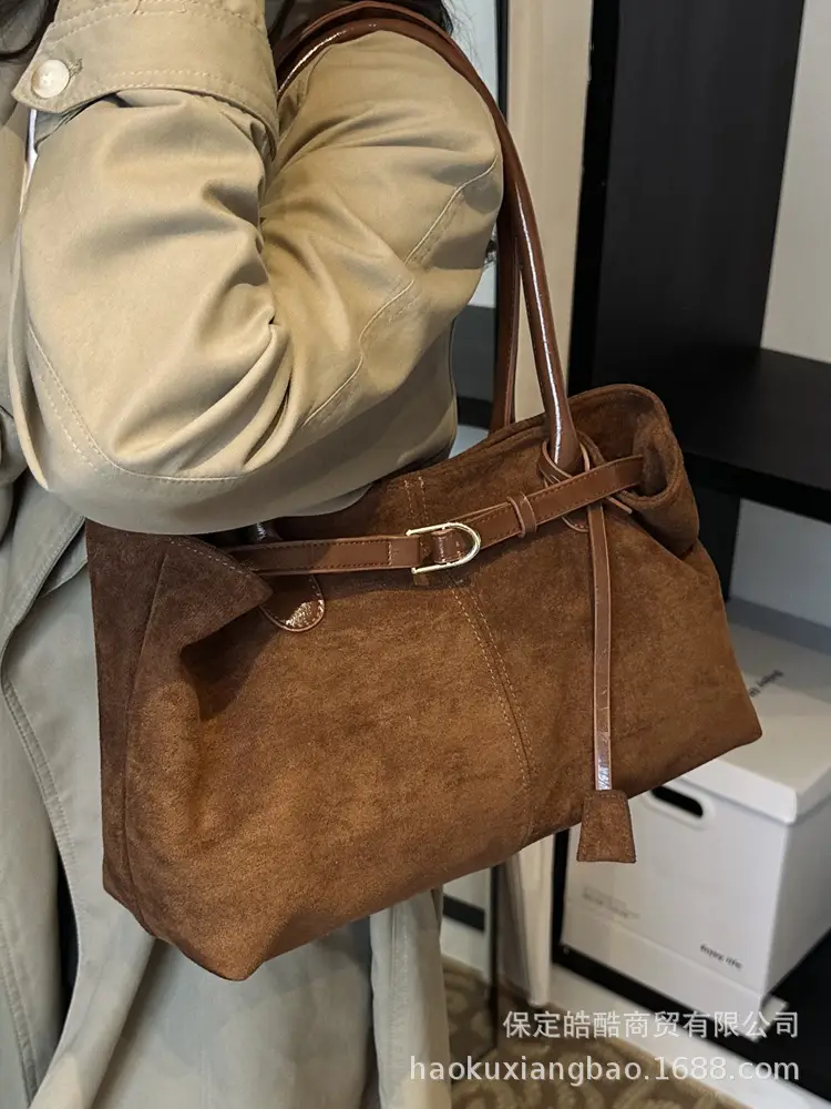 Women Suede Satchel Tote Bag Brown Large Capacity - Image 6