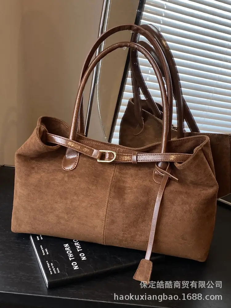 Women Suede Satchel Tote Bag Brown Large Capacity - Image 7