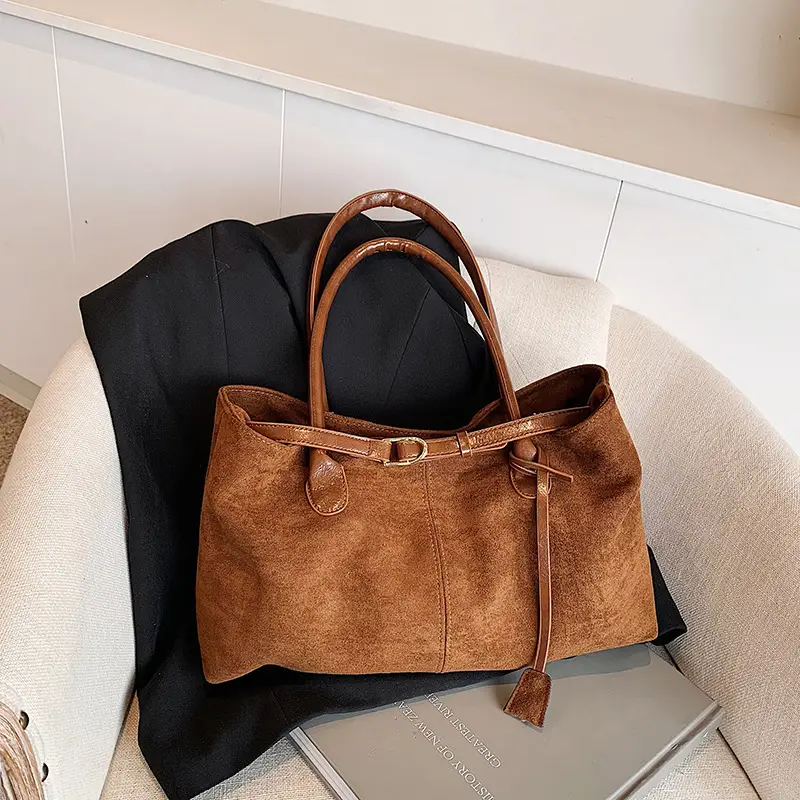 Women Suede Satchel Tote Bag Brown Large Capacity - Image 2
