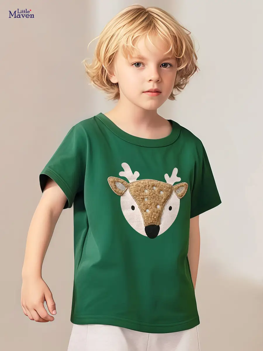Little Deer Print Green T-Shirt for Boys - Image 2