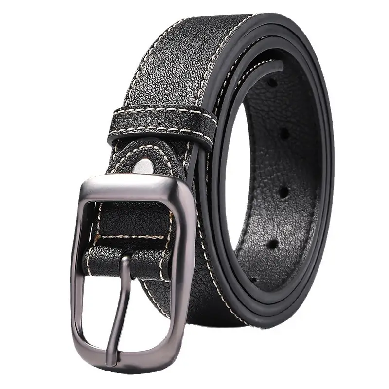 Men's Black Leather Belt with Silver Buckle