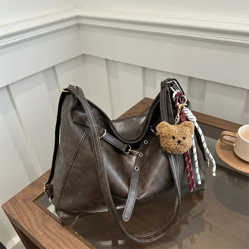 Brown Leather Shoulder Bag with Tassel Decor - Image 5