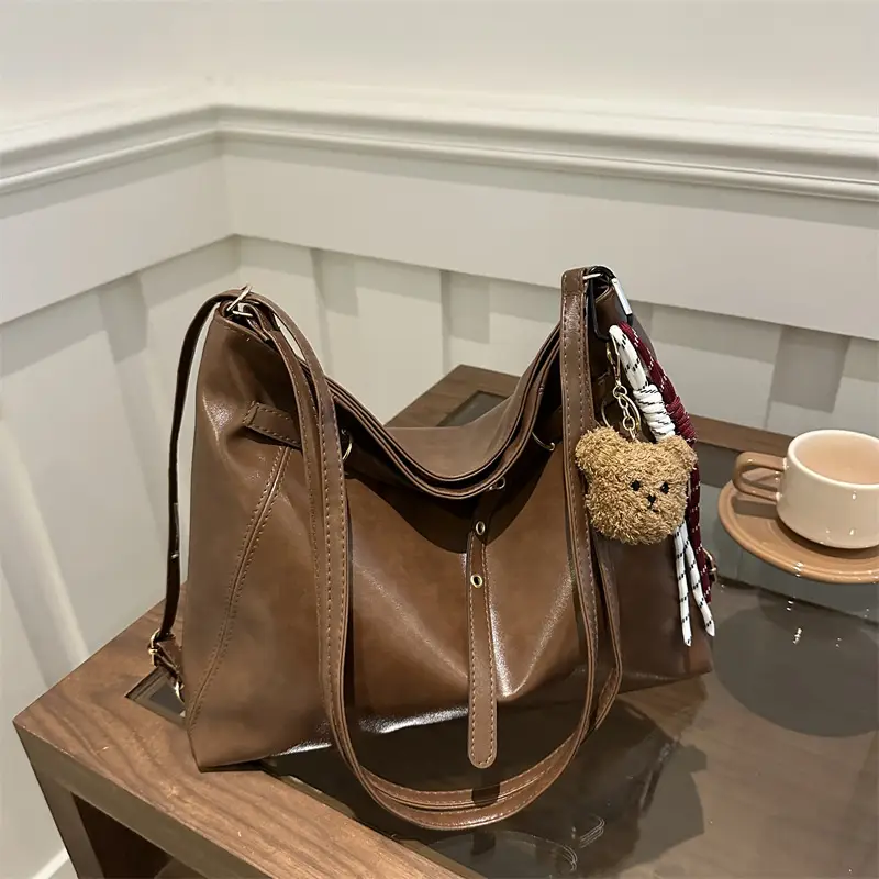 Brown Leather Shoulder Bag with Tassel Decor - Image 7