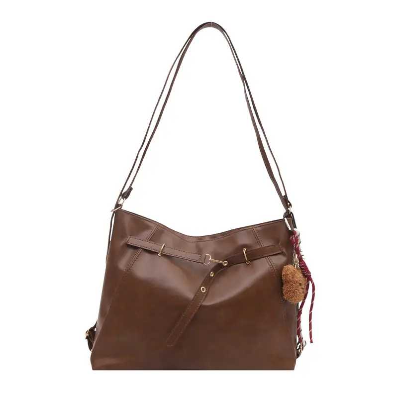 Brown Leather Shoulder Bag with Tassel Decor - Image 8
