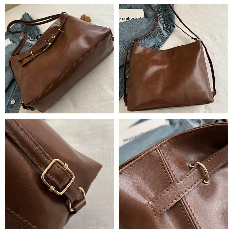 Brown Leather Shoulder Bag with Tassel Decor — feature 8