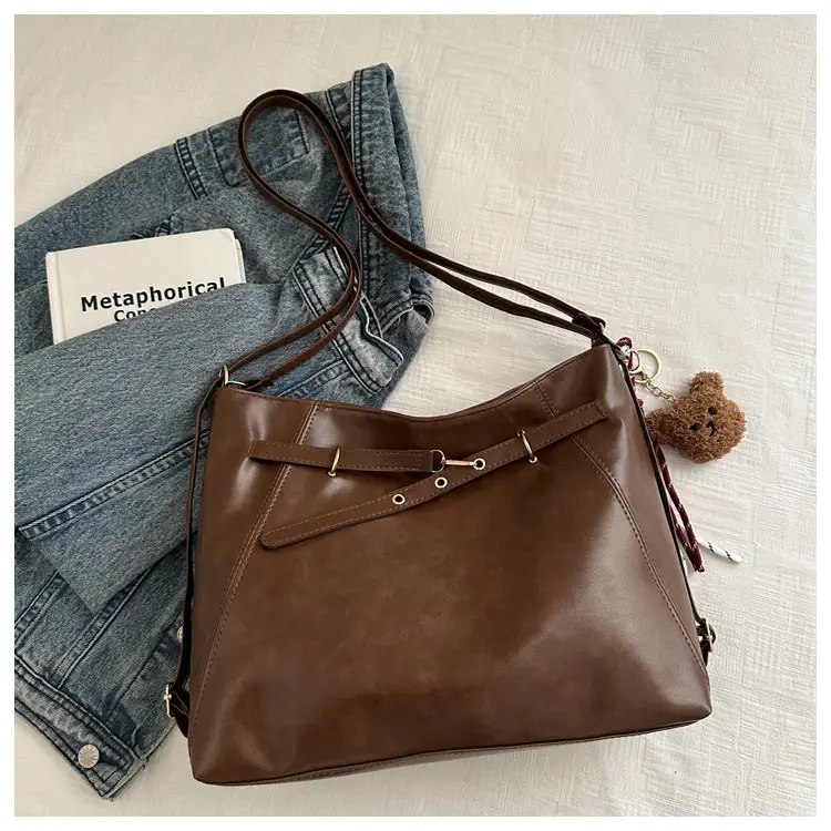 Brown Leather Shoulder Bag with Tassel Decor - Image 2