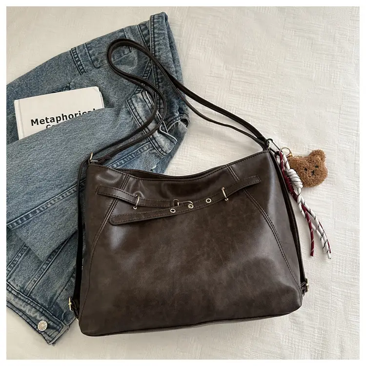 Brown Leather Shoulder Bag with Tassel Decor - Image 3