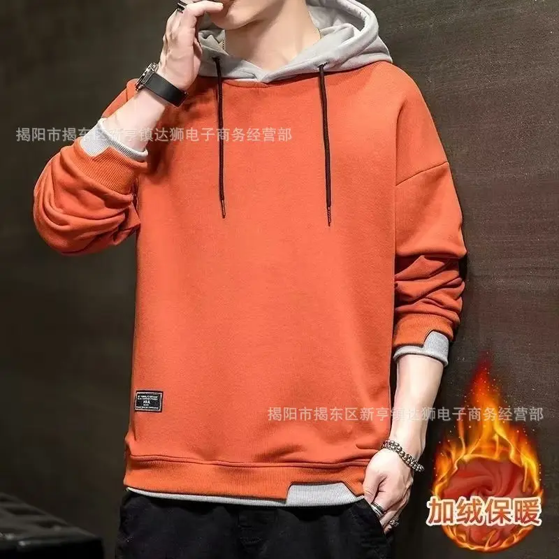 Winter fleece-lined Hooded Sweater Men's Korean Style Youth Casual Slim-fit Pullover Trendy Brand Sweater Men's Top Trendy