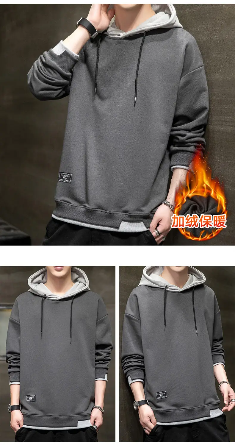 Winter fleece-lined Hooded Sweater Men's Korean Style Youth Casual Slim-fit Pullover Trendy Brand Sweater Men's Top Trendy — feature 9