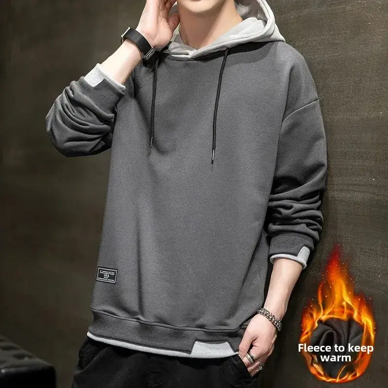 Winter fleece-lined Hooded Sweater Men's Korean Style Youth Casual Slim-fit Pullover Trendy Brand Sweater Men's Top Trendy
