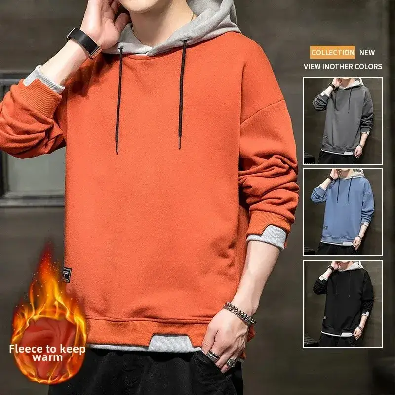 Winter fleece-lined Hooded Sweater Men's Korean Style Youth Casual Slim-fit Pullover Trendy Brand Sweater Men's Top Trendy