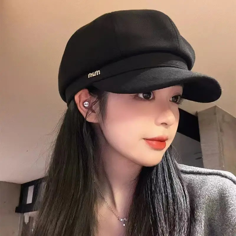 Women Wool Beret Black Octagonal Winter Cap