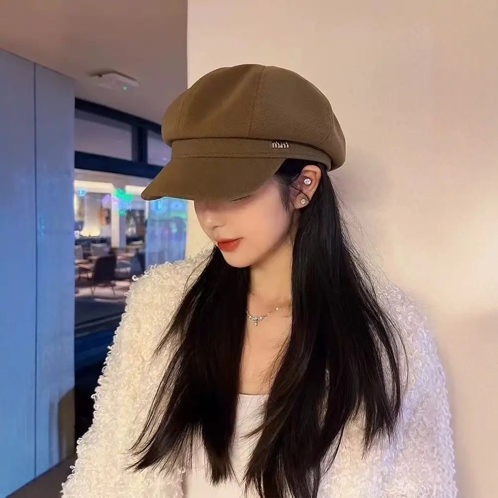 Women Wool Beret Black Octagonal Winter Cap