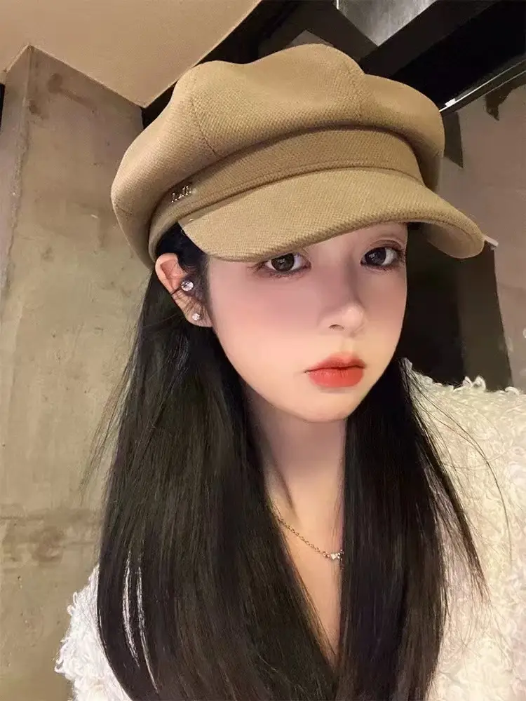 Women Wool Beret Black Octagonal Winter Cap