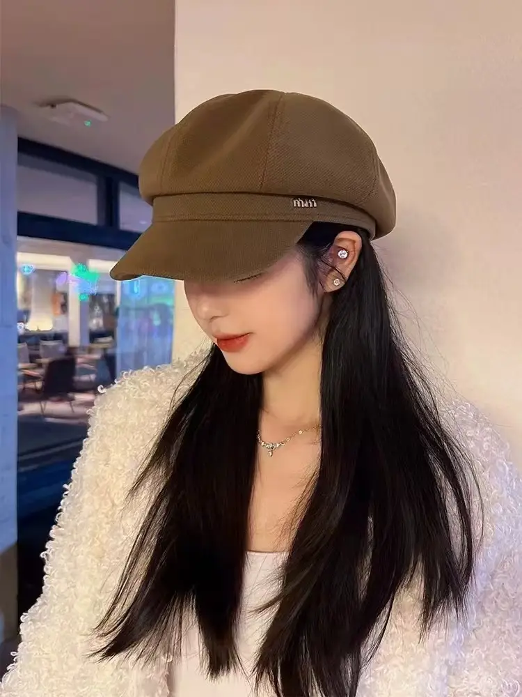 Women Wool Beret Black Octagonal Winter Cap