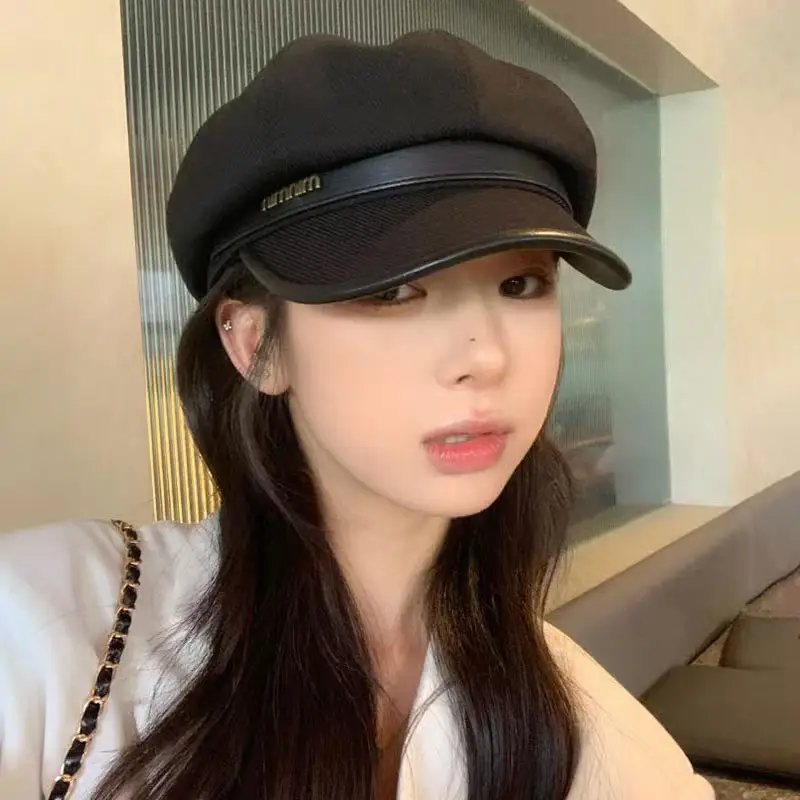 Women Wool Beret Black Octagonal Winter Cap