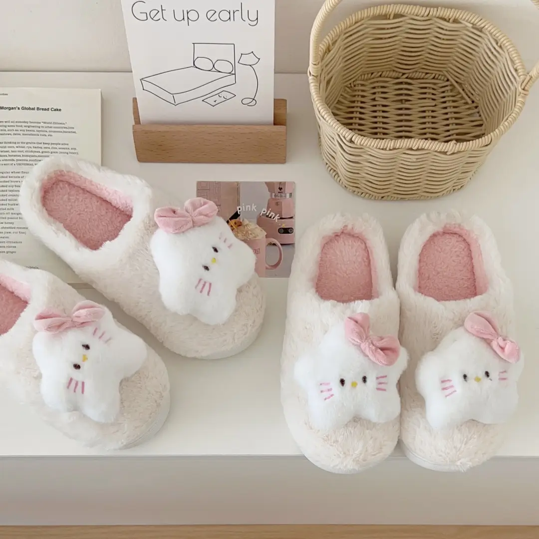 Cartoon Five-pointed Star Cat Slippers Warm and Comfortable Autumn and Winter Household Flat Bottom Baotou Maomao Slippers Bathroom Non-slip - Image 3