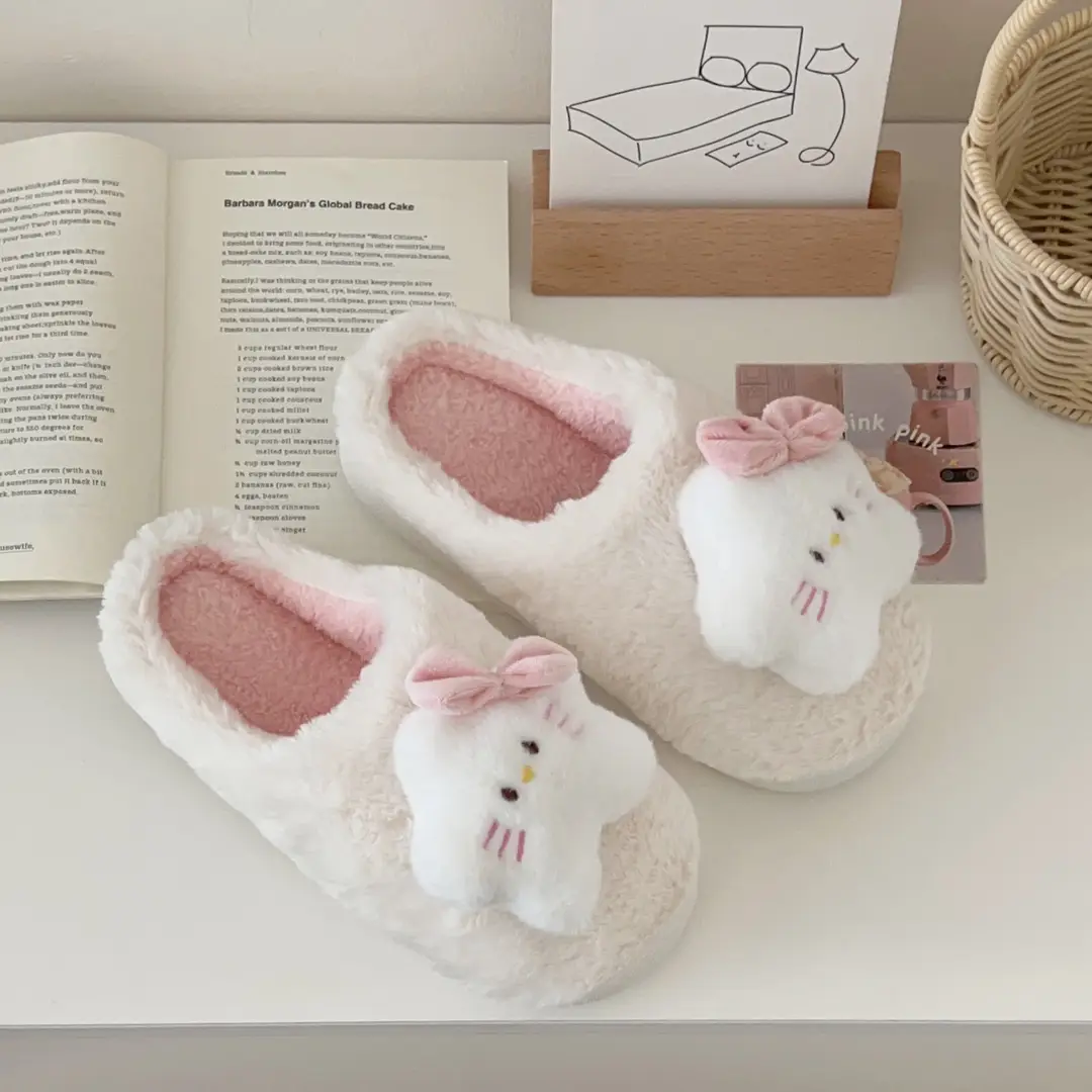 Cartoon Five-pointed Star Cat Slippers Warm and Comfortable Autumn and Winter Household Flat Bottom Baotou Maomao Slippers Bathroom Non-slip - Image 4
