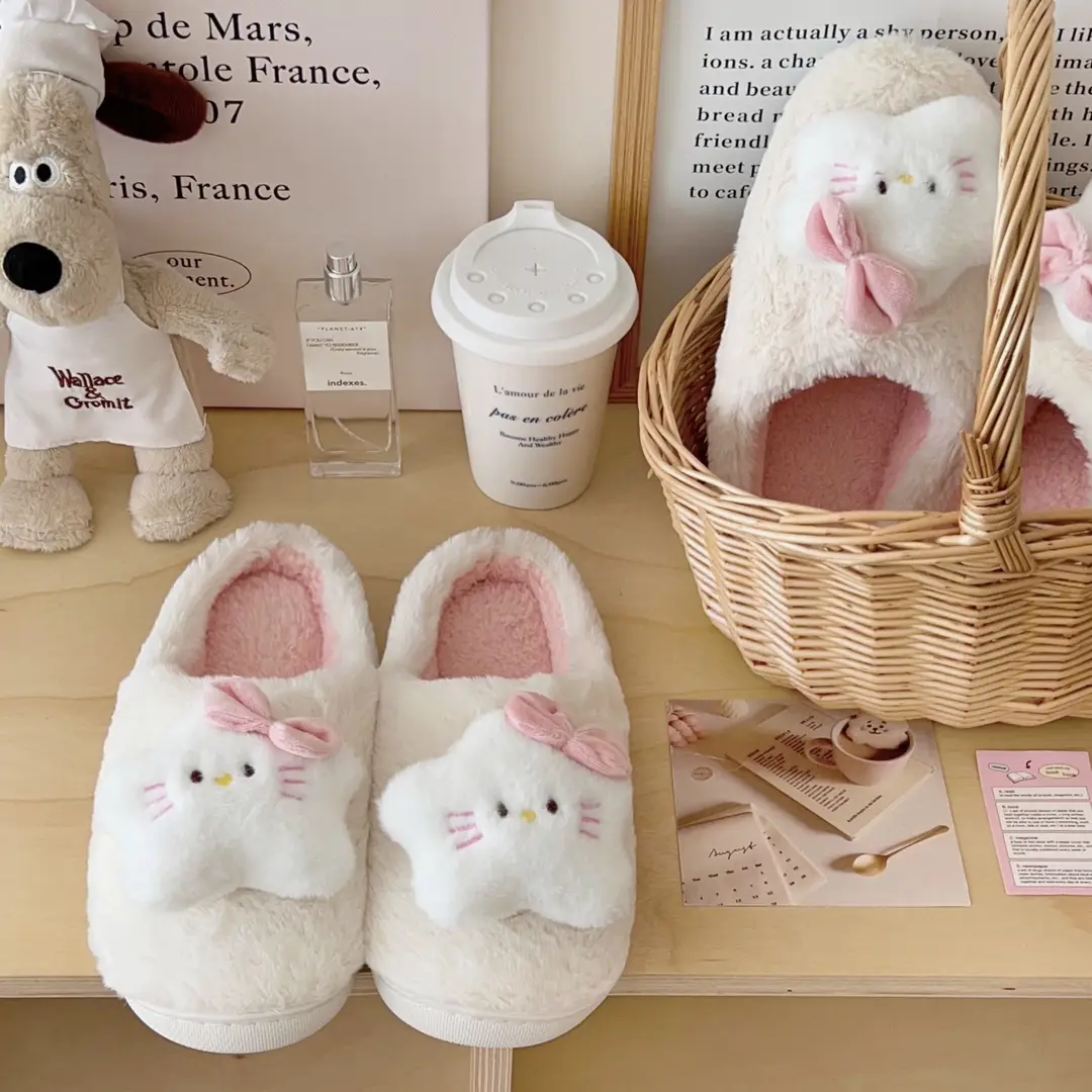 Cartoon Five-pointed Star Cat Slippers Warm and Comfortable Autumn and Winter Household Flat Bottom Baotou Maomao Slippers Bathroom Non-slip - Image 6