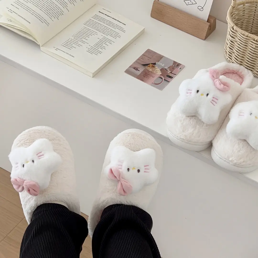 Cartoon Five-pointed Star Cat Slippers Warm and Comfortable Autumn and Winter Household Flat Bottom Baotou Maomao Slippers Bathroom Non-slip — feature 6