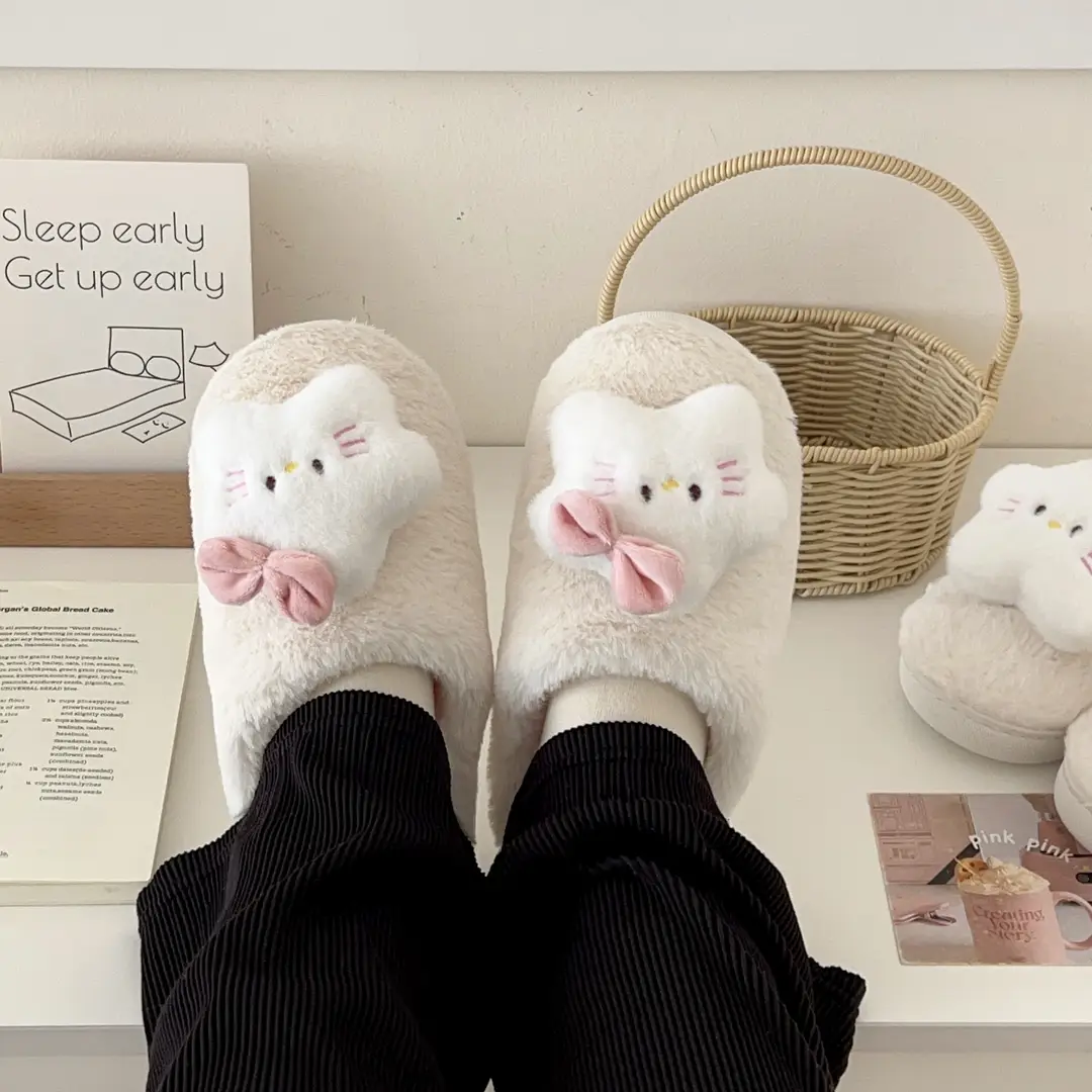 Cartoon Five-pointed Star Cat Slippers Warm and Comfortable Autumn and Winter Household Flat Bottom Baotou Maomao Slippers Bathroom Non-slip — feature 7
