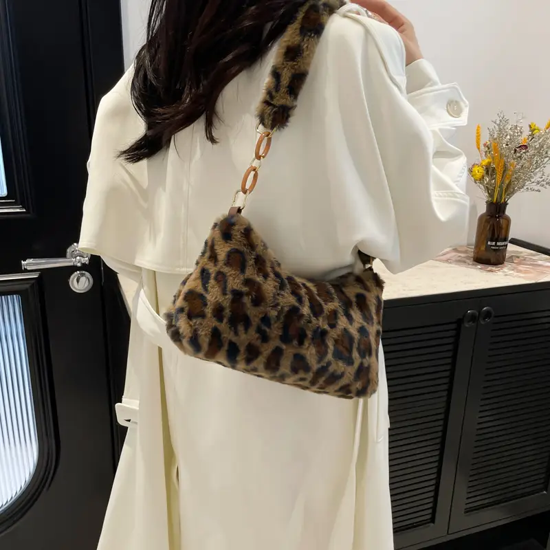 Leopard Print Plush Shoulder Bag Women 2024 - Image 6