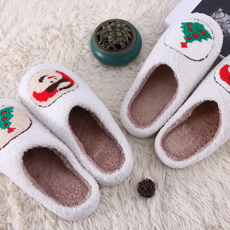 Christmas Series Smiling Snowman Warm Indoor Cotton Slippers Non-Slip Rubber Bottom Home Plush Slippers for Couple