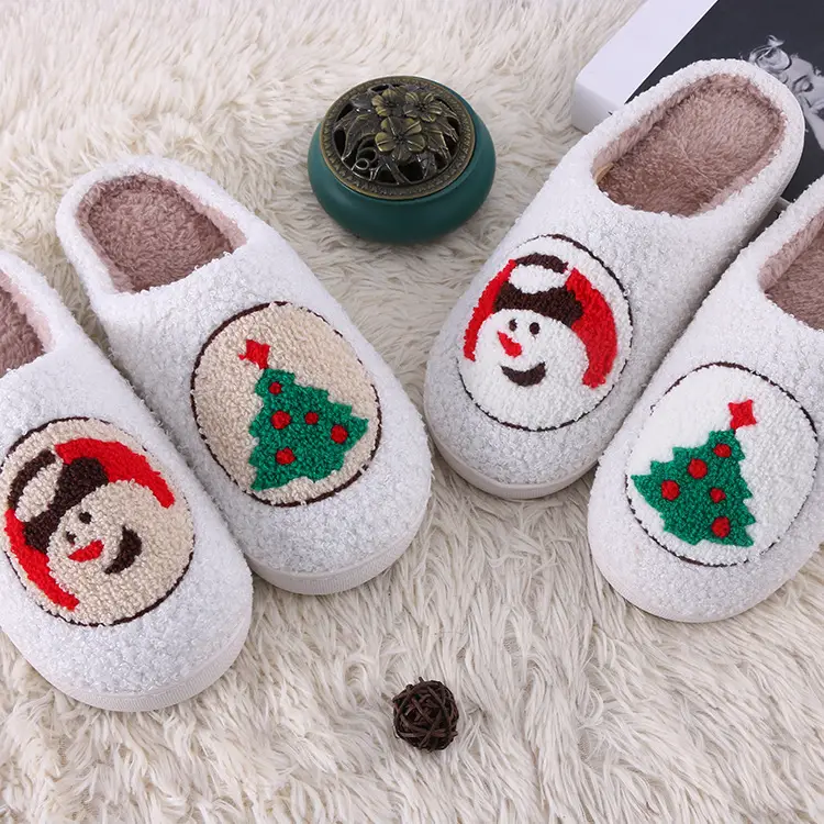 Christmas Series Smiling Snowman Warm Indoor Cotton Slippers Non-Slip Rubber Bottom Home Plush Slippers for Couple